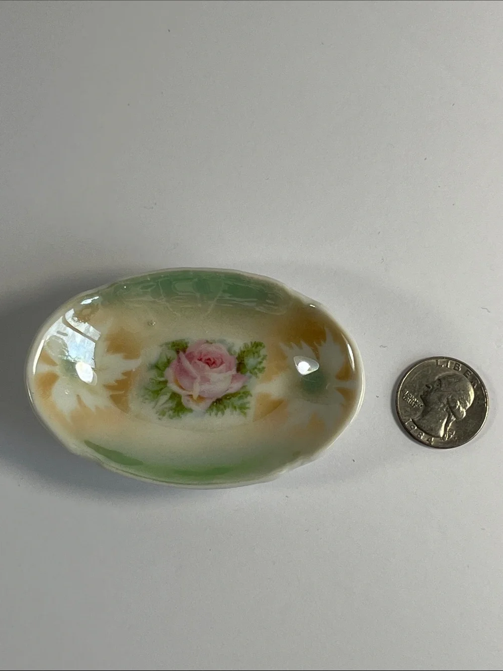 Vintage Miniature Porcelain Oval Trinket Dish with Pink Rose & Green Trim